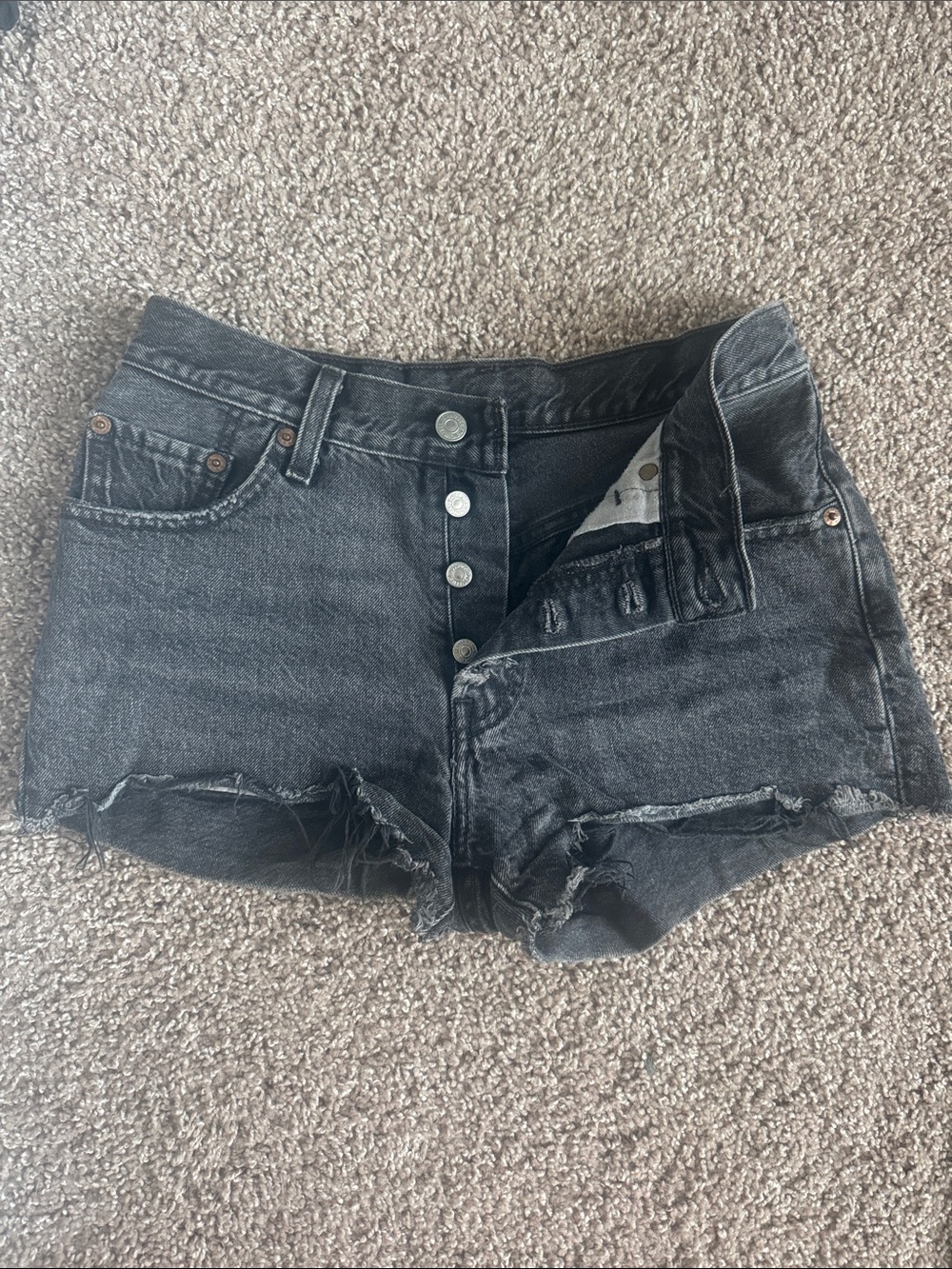 Levi's 501 Black Distressed Button-Fly Denim Shorts